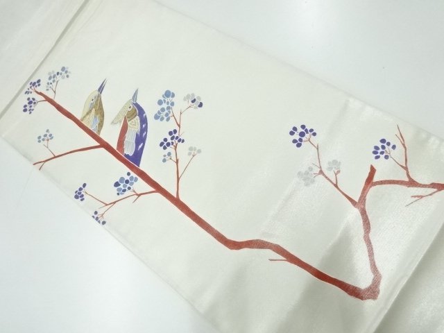 アンティーク　手描き樹木に鳥模様袋帯（材料）